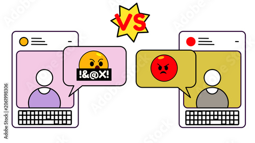 Animated of Online Argument and Cyberbullying Concept With Angry Emoji Chat Bubbles Between Social Media Users