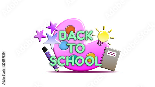 Playful back to school badge featuring bright palette, pencil, notebook and lightbulb icons. Cheerful design evokes creativity, learning, education and inspiration for classroom, student and school.