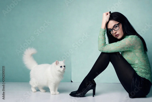 raven haired woman in lace shirt, stockings, heels, AI generated