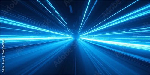 Canvas Print Abstract electric blue light trails zooming into perspective on dark background