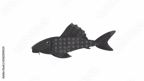 Black armored catfish icon suitable for logos, packaging, infographics, and educational materials. Clean design with minimalist shape. Vector art.
