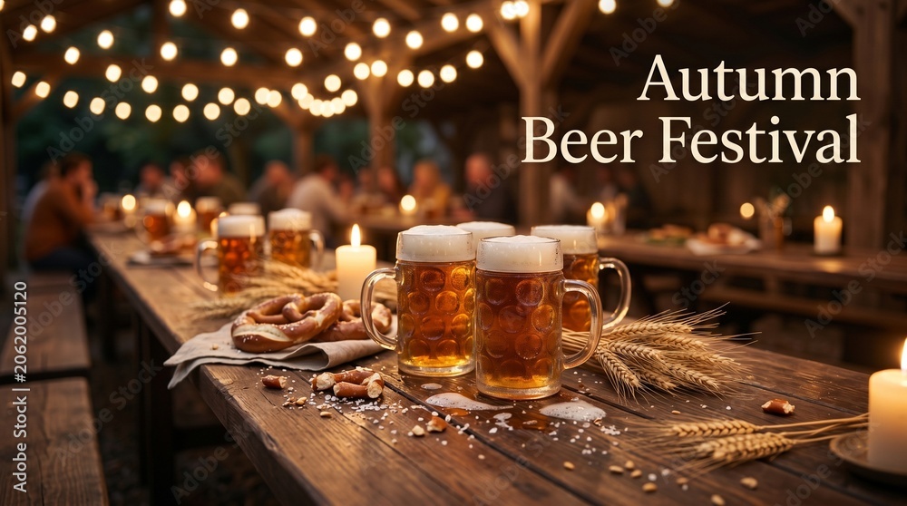 Fototapeta premium Autumn beer festival table banner with warm lights and rustic food pairing