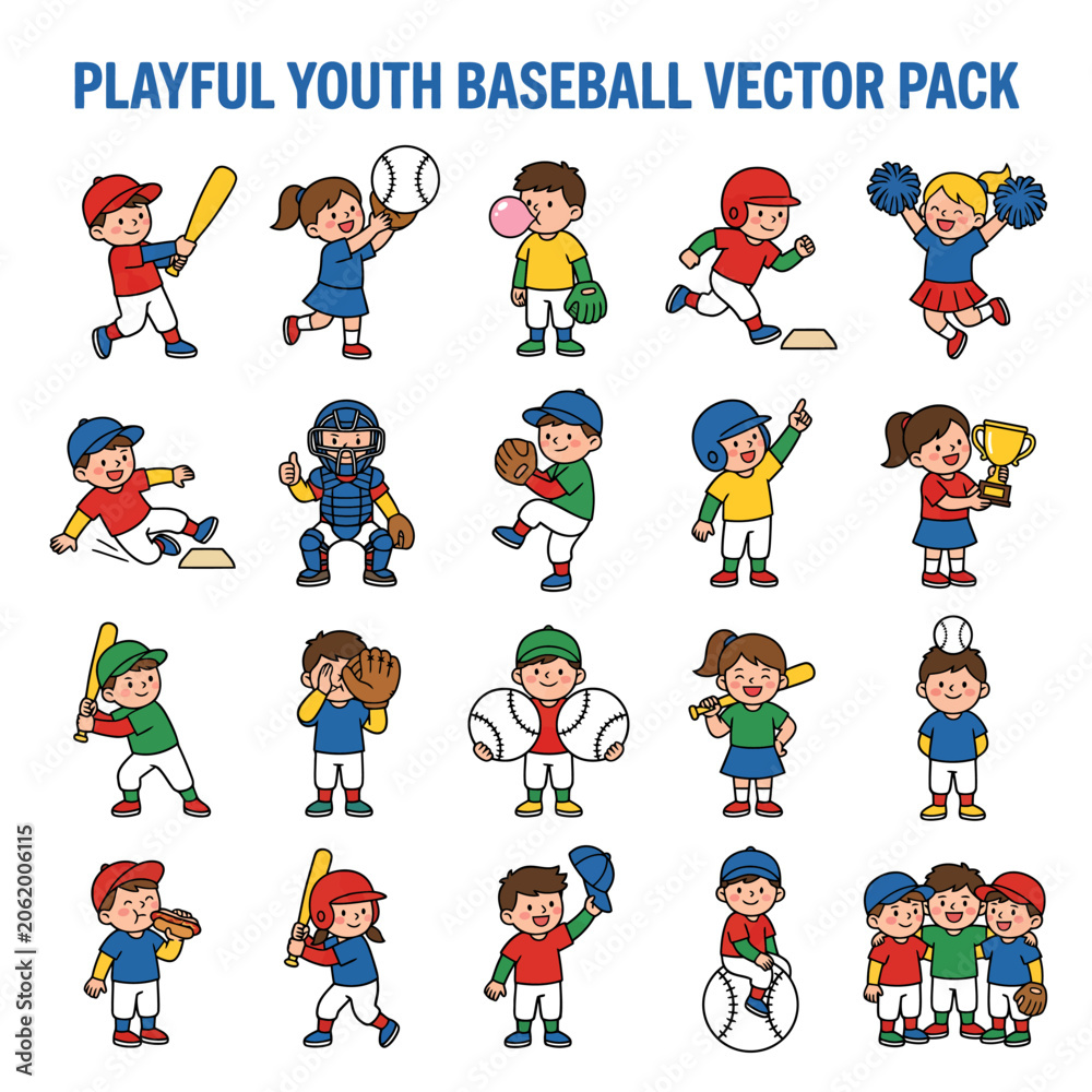 Fototapeta premium A delightful collection of playful vector illustrations depicting diverse children engaged in various baseball activities and poses.