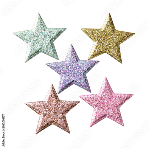 Glitter stars set in mixed colors on transparent background