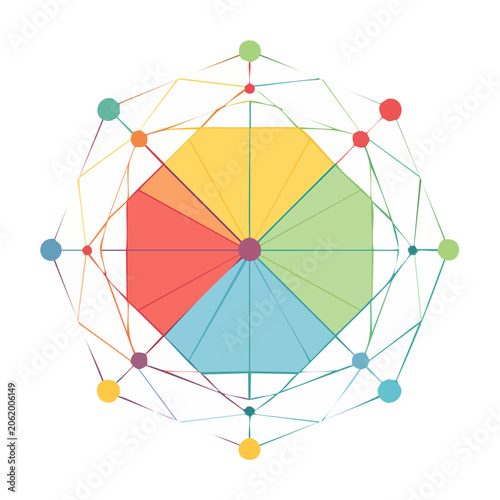 Flat design network diagram with colored nodes