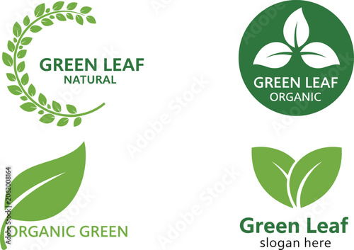 Fotografie Green leaf organic logo design template collection with minimalist eco emblems a