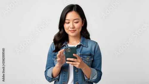 Young Asian Woman Using Smartphone: A young Asian woman with a pleasant expression, wearing a denim jacket, looks at her smartphone, her fingers delicately interacting with the screen.