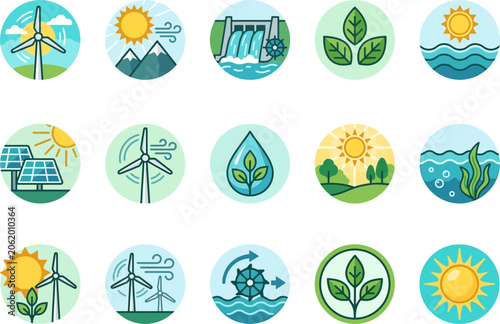 Eco Friendly Sustainable Energy Icons Set.