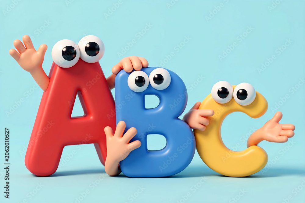 Fototapeta premium Colorful 3D alphabet letters, cartoon characters, ABC learning