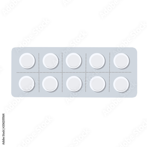 Vector illustration of a medical blister pack with ten white, round pills. Suitable for pharmaceutical, healthcare, and wellness design, representing medicine and treatment