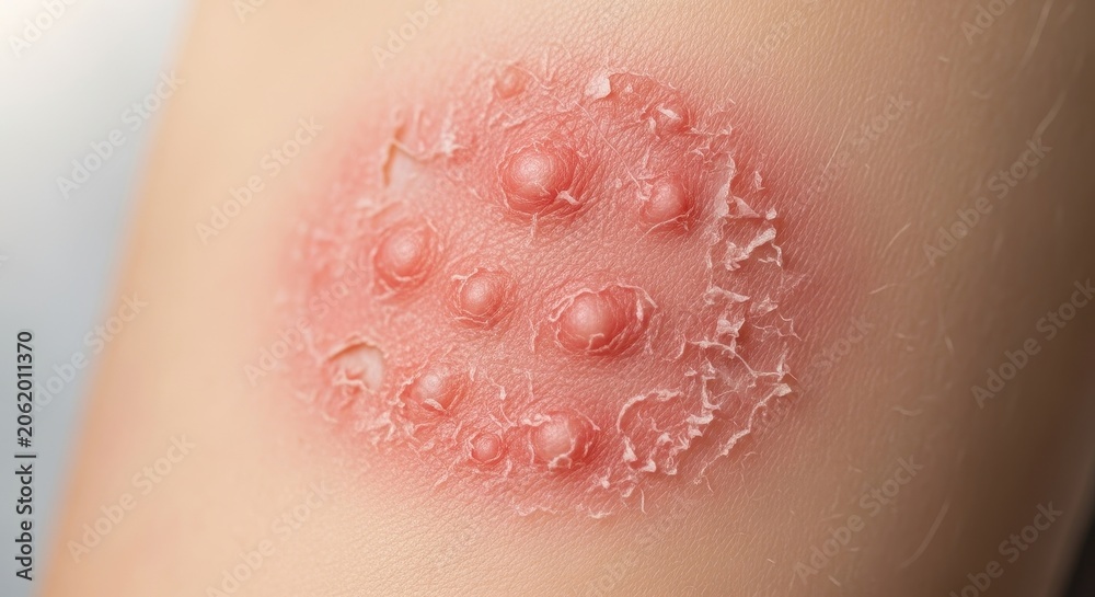 Fototapeta premium Close-up of a red, inflamed skin rash with raised bumps and flaky patches.