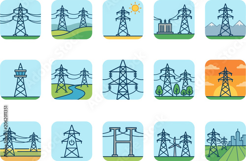 Electricity transmission towers and power lines.