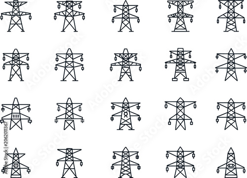 Electricity transmission towers in rows.