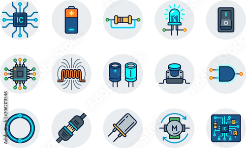 Electronic circuit board components icons set.