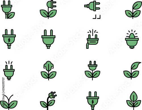 Green electricity plug leaf icons eco.