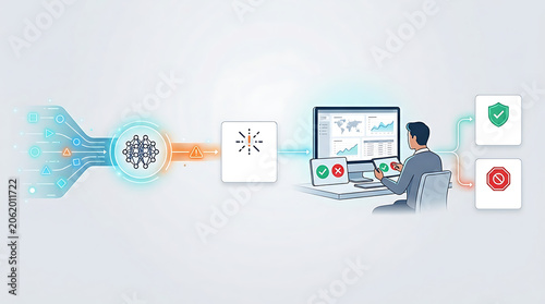 AI fraud detection workflow with automated transaction flagging and human analyst verification in clean minimal business technology illustration representing risk control and financial compliance syst