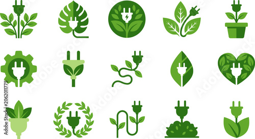 Green leaf eco icons with plugs.