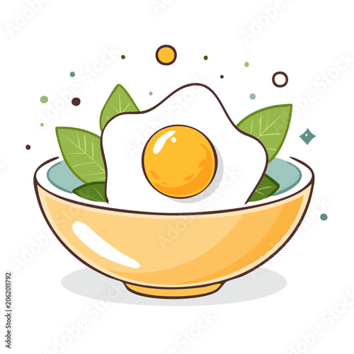 Fried Egg in Bowl with Spinach Leaves Flat Illustration