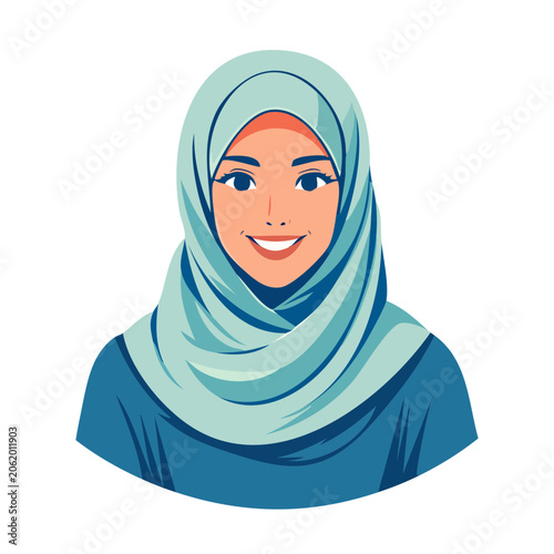 Smiling woman wearing light blue hijab illustration