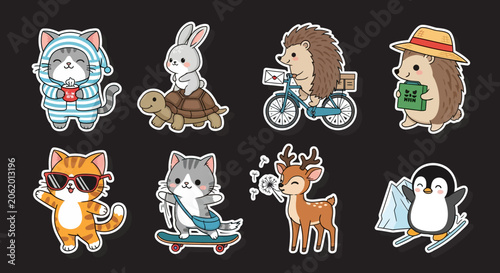 Colorful cartoon animal characters in various activities.