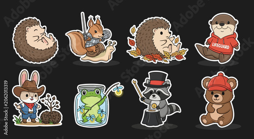 Colorful cartoon animal characters in various outfits and poses.