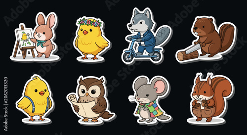 Colorful cartoon animal characters in playful poses.