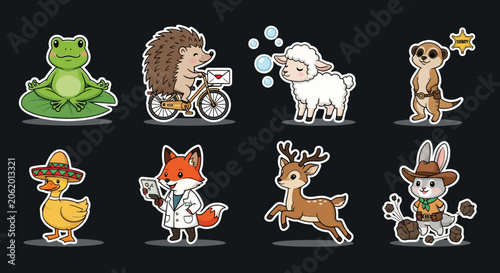 Colorful cartoon animals in playful poses collection.