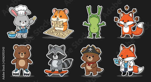 Colorful cartoon animals in various professions and activities.
