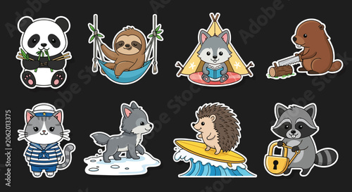 Colorful cartoon animal characters in various poses.