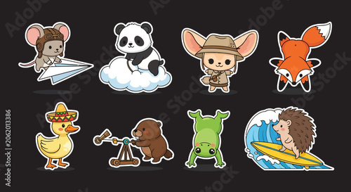 Colorful cartoon animal characters in playful poses.