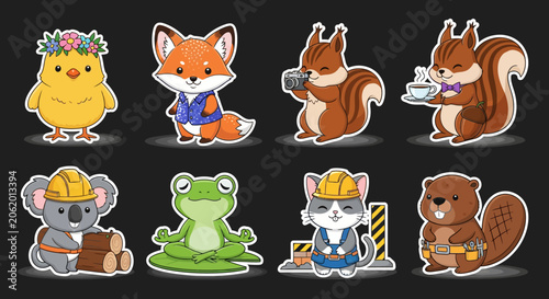 Colorful Cartoon Animals in Various Outfits and Poses.