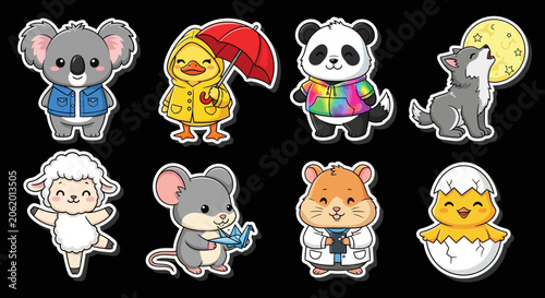 Colorful Cartoon Animal Characters in Various Outfits.