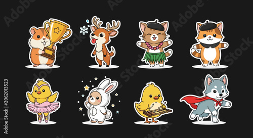 Colorful cartoon animals in festive costumes and poses.