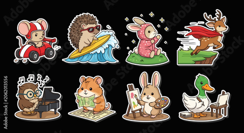Colorful cartoon animals in playful and festive poses.