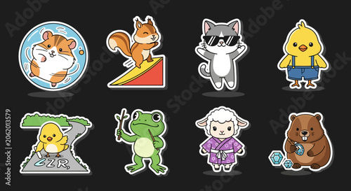 Colorful cartoon animal characters in playful poses.