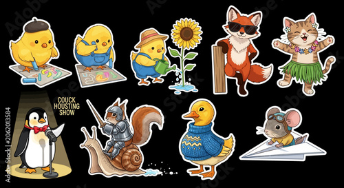 Colorful cartoon animal and character stickers collection.