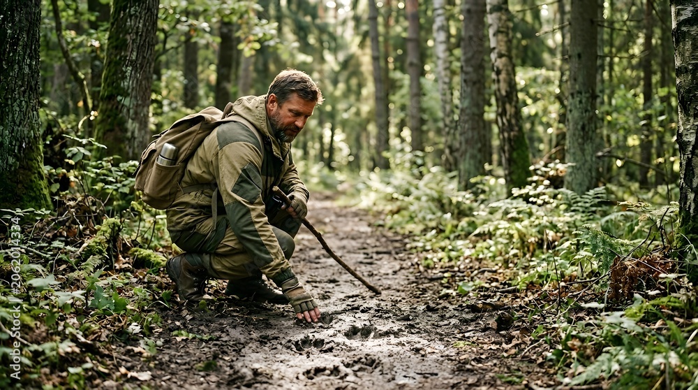 Naklejka premium Man in camouflage clothing examining muddy trail in forest.