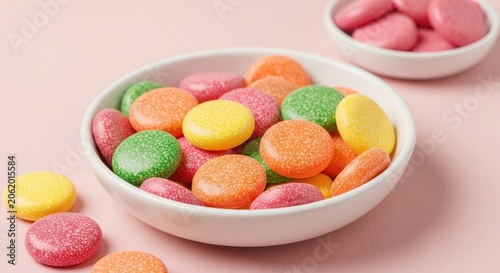Colorful Round Candies in White Bowls on Pink Background.