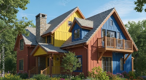 Colorful Rustic Mountain Lodge with Stone Chimney and Lush Greenery.