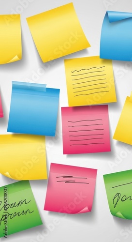 Colorful sticky notes scattered on a white background, close-up view.