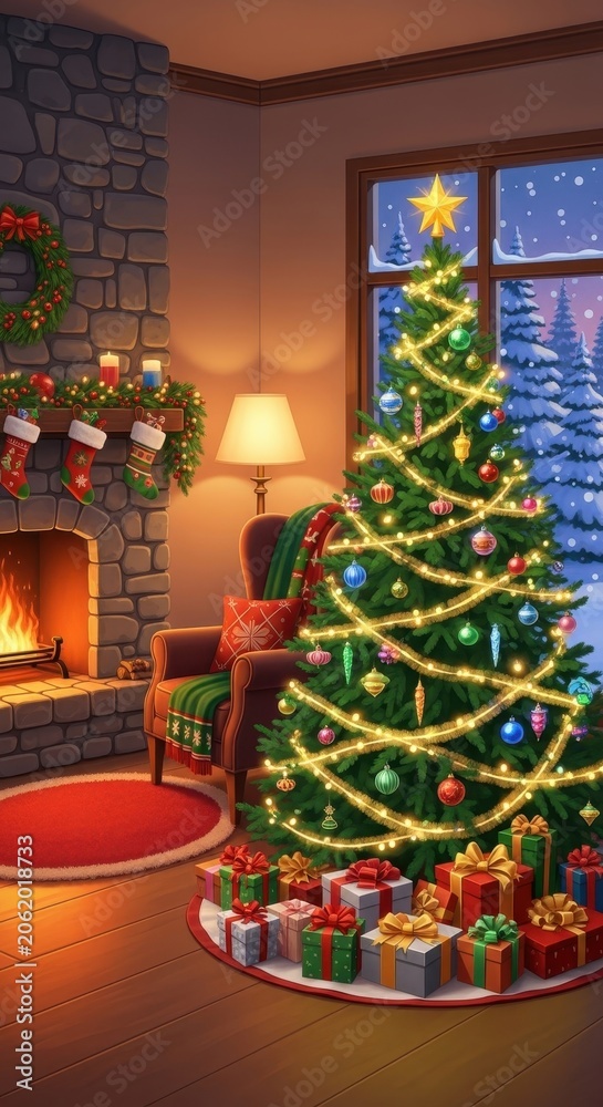 Fototapeta premium Cozy Christmas Living Room Scene with Fireplace and Decorated Tree.