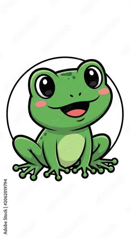 Naklejka premium Cute cartoon frog illustration with big eyes and a happy smile.
