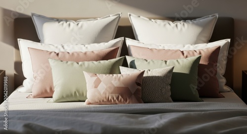 Comfortable Bed with Many Soft Pillows in Natural Light.