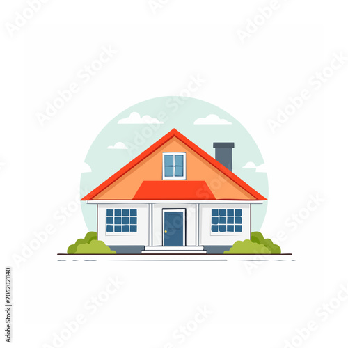 Flat design 3D render of a red house with blue door