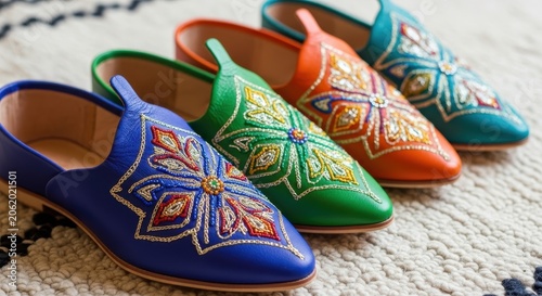 Colorful Moroccan Slippers Arranged on a Textured Rug.
