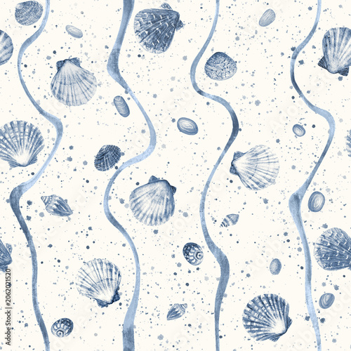 Fotografie Watercolor Seashells and Wavy Lines Seamless Pattern