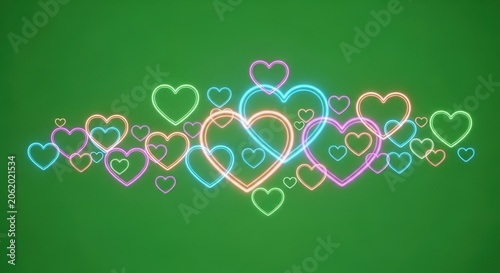 Colorful Neon Heart Shapes on Green Background Abstract Design.