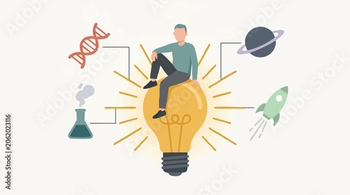 Schilderij op canvas Scientific Innovation and Discovery Concept with Man on Lightbulb
