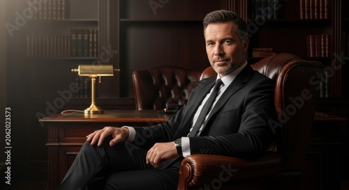 Confident Businessman Sitting in Leather Chair in Office Library.