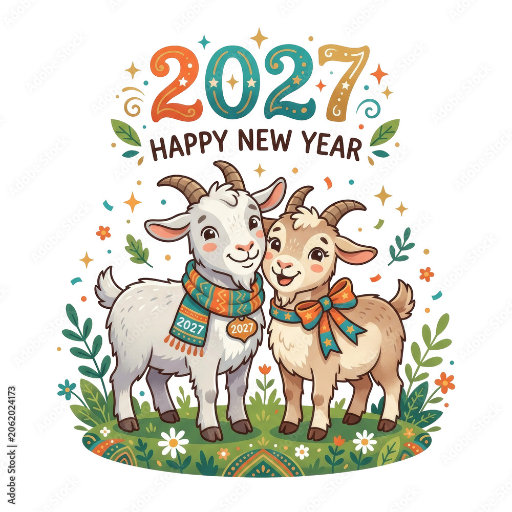 Fototapeta premium Two cute goats with scarf and bow to celebrate 2027 Happy New Year on transparent background. Cartoon illustration for winter holiday greeting card, party decoration and annual design.